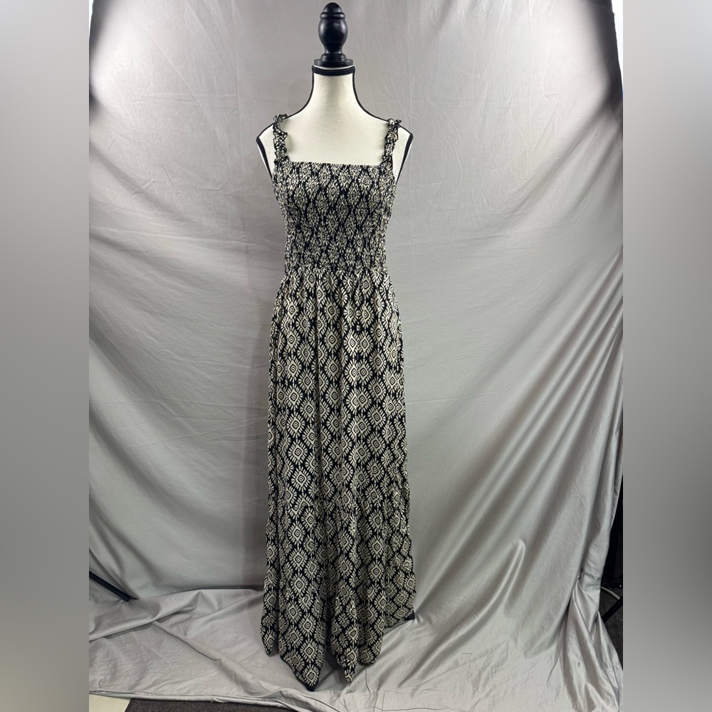 Bohemian Print Shirred Ruffle Hem Maxi Dress BLACK/WHITE - Picture 5 of 6